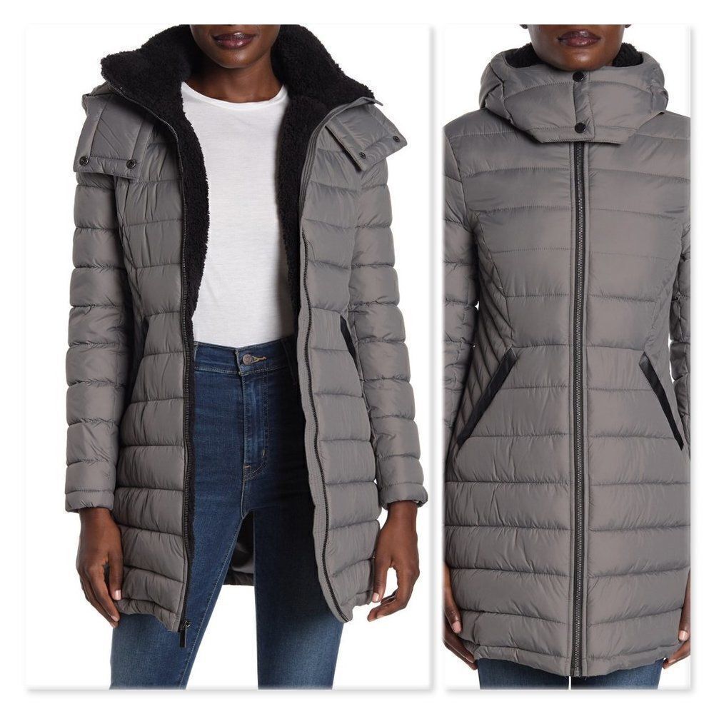French Connection Faux Shearling Trim Puffer